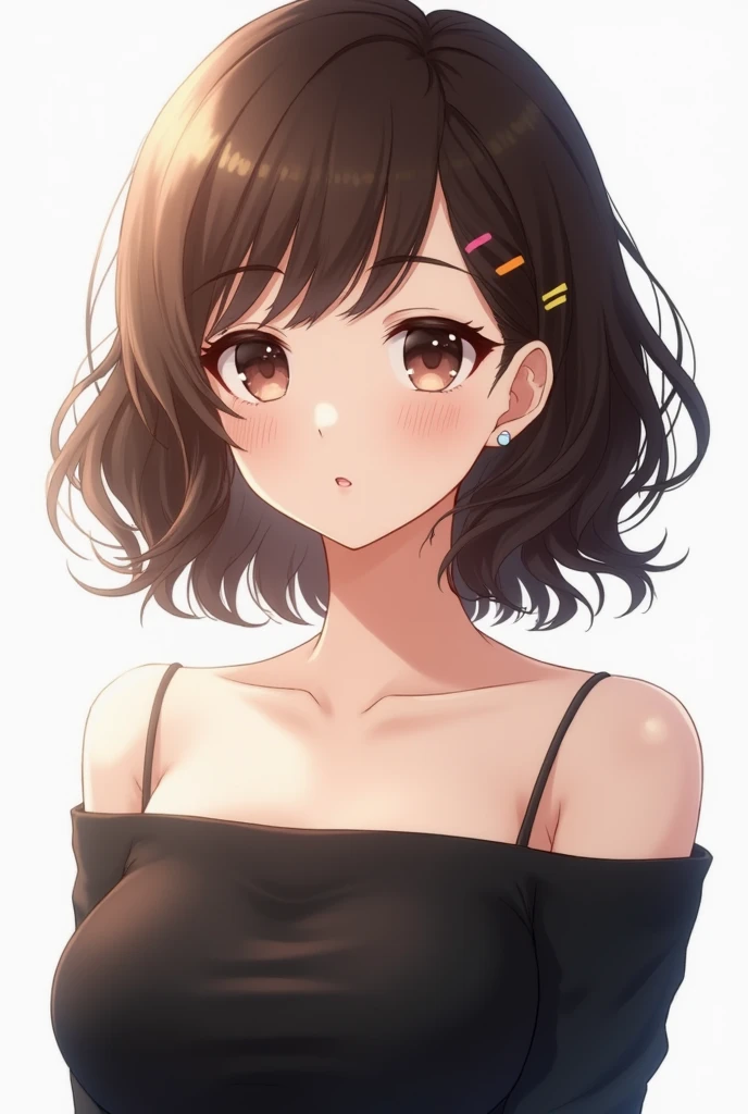 Photo of a beautiful Japanese woman wearing a black off-the-shoulder top with dark bule and a cute hairstyle against a plain white background, shoulder-length, wavy brown hair in a bob cut, high-quality upper body shot --ar 1:2 --stylize 750 --v 6. 1
