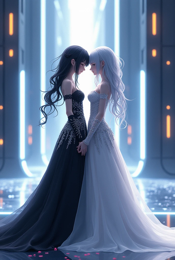 Sanakan and Cibo from Blame! in wedding dresses), (sci-fi theme), with jet-black hair, with striking silver hair, futuristic setting, glowing accents, ethereal atmosphere, intricate details on dresses, soft yet vibrant light illuminating from above, intimate and romantic vibe, high detail, ultra-detailed, cinematic quality, emotionally charged scene.