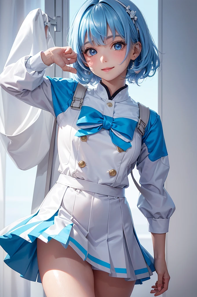 Best Quality,High resolution,8k,(plain white background, no patterns, no textures, just a plain white background:1.3),Masterpiece:1.2),beautiful girl,(focus face),Shiny light blue hair,messy hair,Beautiful light blue eyes,A cute futuristic high school girl wearing an adorable, modern uniform. The uniform features a tailored jacket with soft, pastel colors and subtle metallic accents, adding a playful touch. The pleated skirt has a light, iridescent sheen that shimmers with every movement, enhancing the charm. Her shoes are stylish yet functional, designed with holographic bows and a gentle glow. She also wears a digital wristband with cute animations and a mini backpack that has a transparent design with pastel-colored details. Her expression is cheerful, with a warm smile that adds to the overall cute aesthetic. The background is pure white, highlighting her cute, futuristic uniform and accessories.
,Gentle look,A refreshing look,smile,Best quality,Best Quality,Aesthetic and aesthetic:1.2,Best details((Super detailed))(High-definition CG illustrations),Slender body,smile,blush,cute,Scrounge,Looking up,Being spoiled,super model