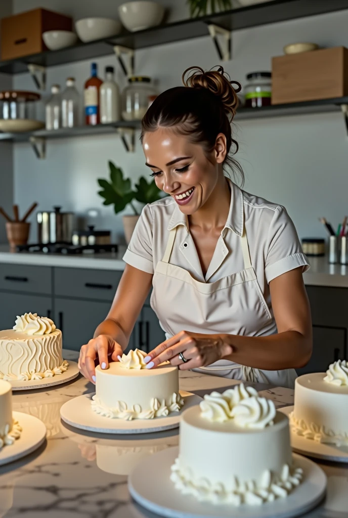 A Brazilian woman in her kitchen making wedding cakes to deliver to her client. She is wearing a tame and apron, tied hair. Your kitchen is extremely tidy. The confectioner is very happy with the order and her profits.