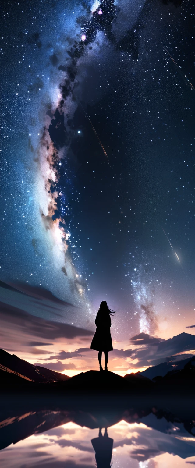 
Many stars twinkling in a beautiful bright winter night sky, long exposure starry sky with many circular orbits, silhouette of a young woman with long hair with her hands in her coat pockets looking up at it, photo taken from long distance, photo from below