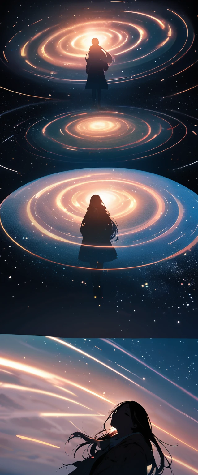 Many stars twinkling in a beautiful bright winter night sky, long exposure starry sky with many circular orbits, silhouette of a young woman with long hair with her hands in her coat pockets looking up at it, photo taken from long distance, photo from below