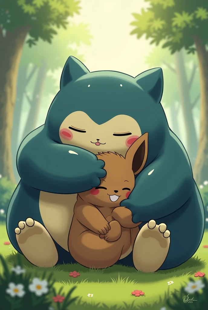 Snorlax and Eevee hugging