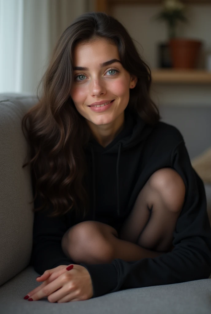 dark brown hair、full body portrait、teaing smile、 she wears a black hoodie.、black pantyhose、adult german woman、blue eyes、showing her black pantyhose、lying on a couch、young german woman、wide angle、 she has ocean blue eyes.、