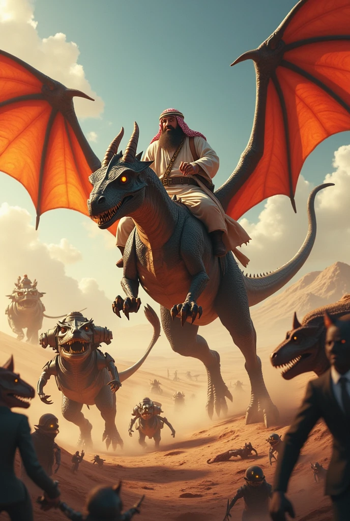 thick bearded arabian man on a dragon soaring the skies above a desert, accompanied by mechs, dinosaurs with lasers and kittens with arabian weapons, marching to attack evil men in suits and ties