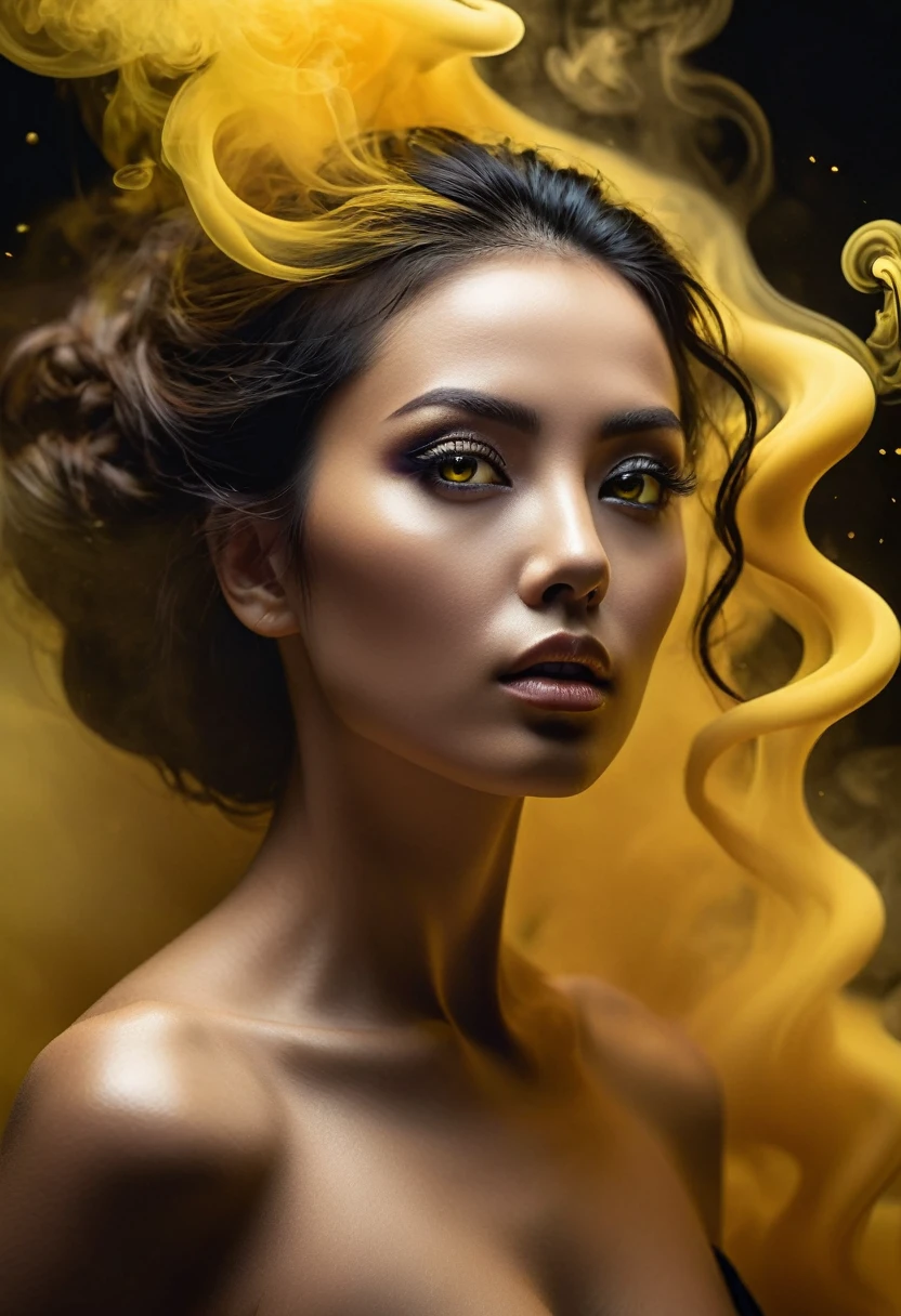 A majestic work of art, a woman, intricately detailed, with an intense, piercing gaze emanating from her singular, striking eye, set against a backdrop of ethereal, swirling yellow smoke that appears to shift and undulate as if alive, illuminated by a cinematic lighting scheme that casts dramatic, high-contrast shadows and highlights, evoking a sense of mystery and the otherworldly, with each element expertly rendered in exquisite, high-definition detail, exuding a sense of artistic mastery and visual sophistication.