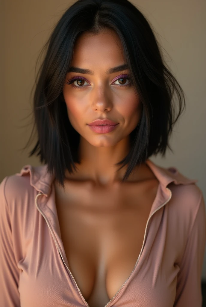 (full body shot), A most beautiful 21yo Arabic wife, (glossy pink lipstick, light purple eyeliner), sensual eyes and long eyelashes, (glossy dark black hair bob haircut), tight V-neck unzipped shirt, sexy, ((mini  skirt)), tanned, tan lines, front shot, warm light, (long shot, full body shot, depth of field)1.3 (long shot, full body shot) (long shot, full body shot) (long shot, full body shot) (long shot, full body shot) (long shot, full body shot) (long shot, full body shot) (long shot, full body shot) (long shot, full body shot) (long shot, full body shot) (long shot, full body shot) (long shot, full body shot) (long shot, full body shot) (long shot, full body shot) (long shot, full body shot)