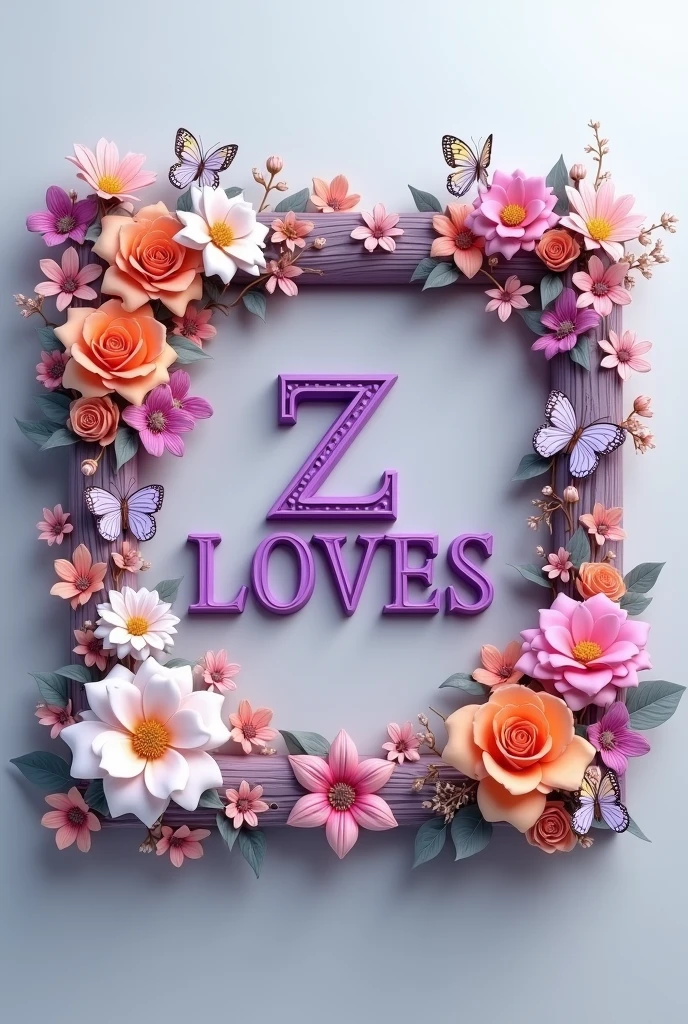 A 3d render of a square frame decorated with different flowers, butterflies, in frame "Z love S" written in Capital alphabets in purple color, The background is a light gray.