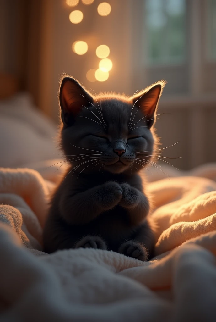 Black cute cat pray to God before sleep 