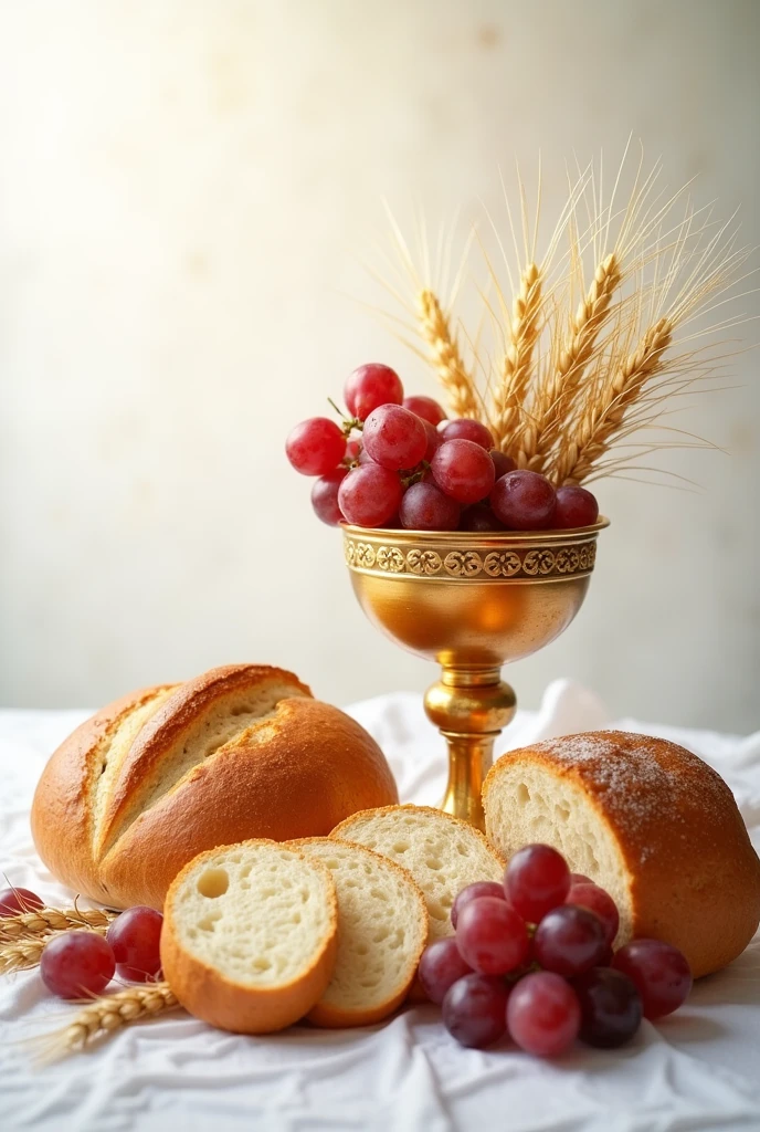 Fluffy bread, calice. Real grape and wheat on white background 
