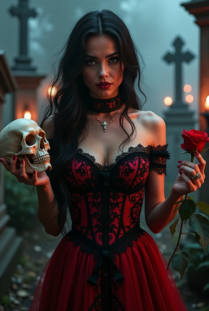 an elegant woman with long, dark hair wearing a vibrant dark red and black dress adorned with lace and intricate details. embroidery Her skin is a clear and striking tone, the right side of her face is wearing catrina-style makeup, mixing beauty and macabre. In one hand, she delicately holds a skull and, in the other, a red rose, symbolizing her dual nature. She is in a dimly lit cemetery, surrounded by dimly glowing candles and fog, with shadows from old tombstones and crosses in the background. The atmosphere is eerie and slightly eerie, with a soft, reddish light highlighting its presence.