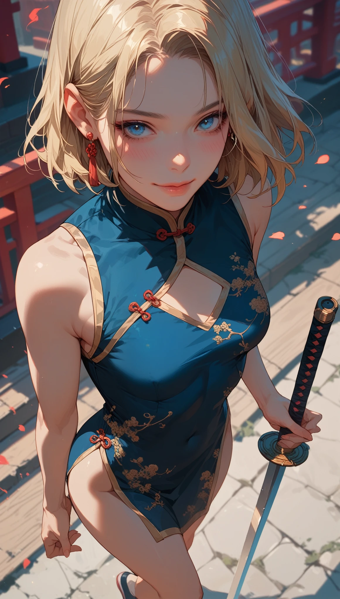 score_9, score_8_up, score_7_up, score_6_up, 1girl, (score_9, score_8_up:1.1), score_7_up, 
medium blonde hair, straight hair, parted hair, blue eyes, pale skin, small breasts, front view, chinese dress, chinese shoes, earrings, detailed background, chinese temple, shy., training with a sword, dynamic pose, standing up, high angle view, shy smile, closed lips