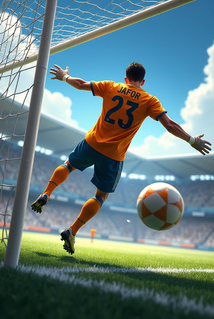 A goalkeeper long jump to the ground for save the football in the front of goalpost. He is a goalkeeper, her jursy name is "Jafor" her jursy name is 23.