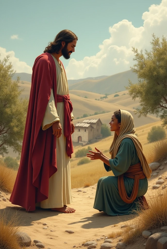 Create 10 images of Jesus with the woman who asks him to heal her daughter