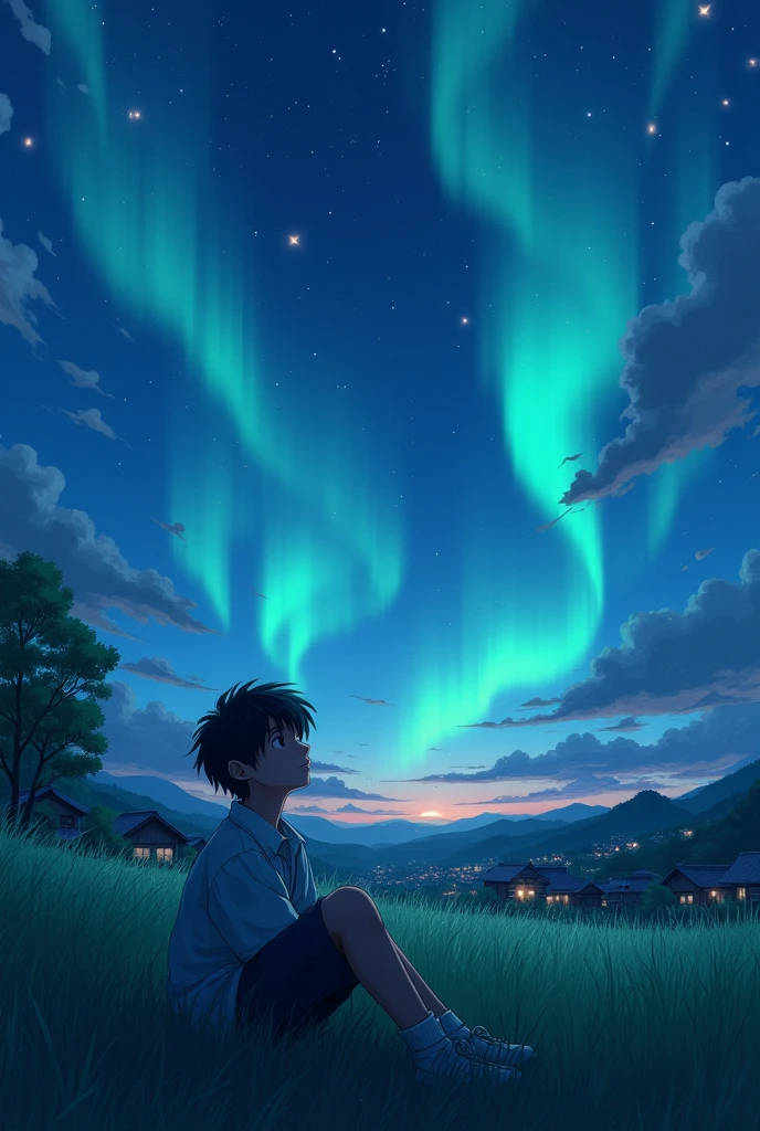 Sitting on grass in country side, night sky,8k , better quality,Young boy , moonshining brightly,sky dripped in aurora borealis, Japanese style, teenage boy,add some village house in distance
