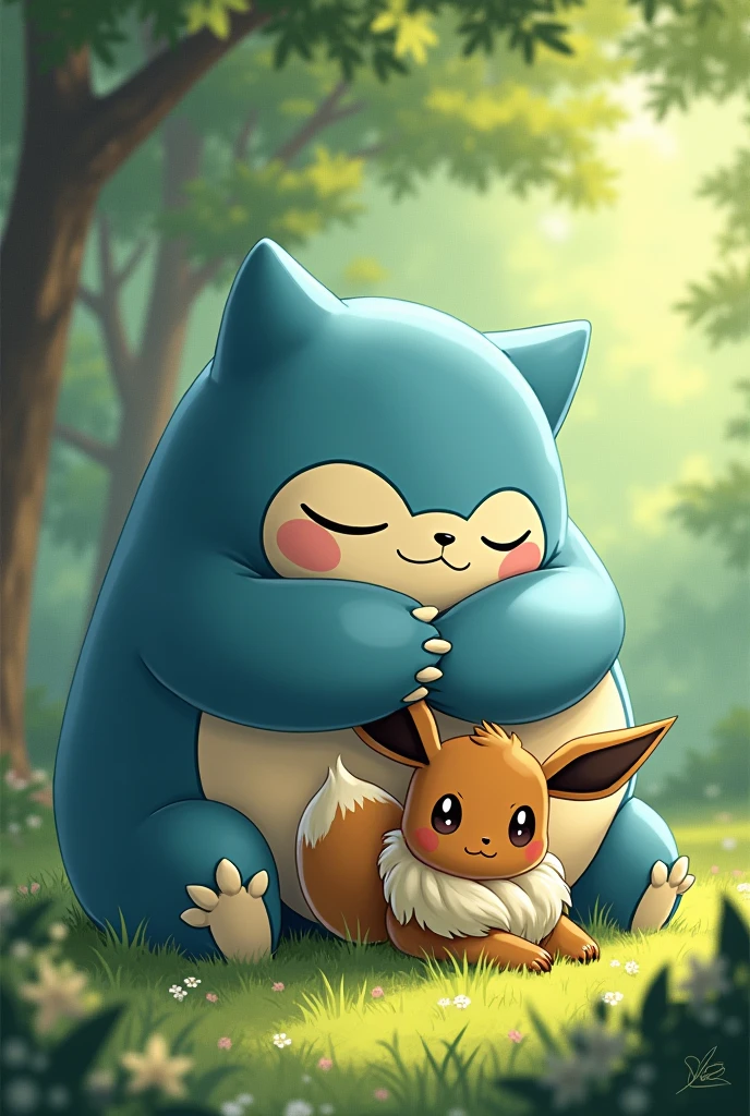 Snorlax and Eevee hugging