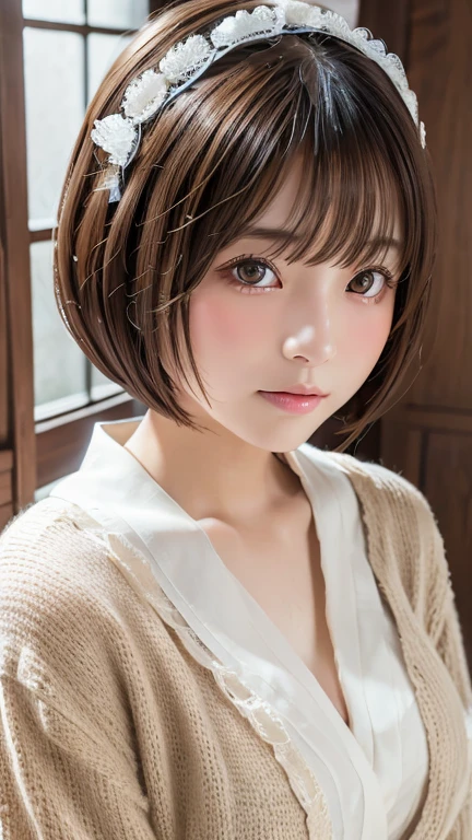 Highest quality, Face Focus, Soft Light, Ultra-high resolution, (Realistic:1.4), RAW Photos,
One of the Japan, alone, cute, (pupil, light in your eyes), Beautiful face in every detail, (Maid clothes、Headdress、Very fine lace),(High resolution detail of human skin texture),ゴシックータのMaid clothes、
(Bobcut)、Loose and fluffy hair、
indoor,
cardigan、sheer
(Portraiture)