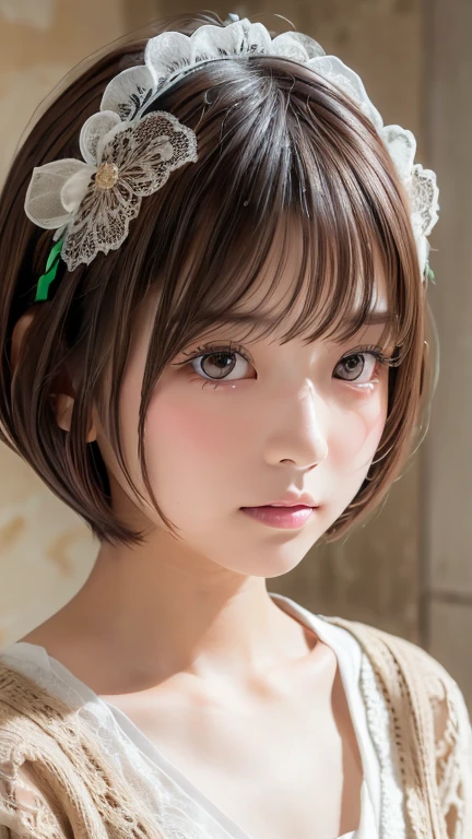 Highest quality, Face Focus, Soft Light, Ultra-high resolution, (Realistic:1.4), RAW Photos,
One of the Japan, alone, cute, (pupil, light in your eyes),  Beautiful face in every detail, (Maid clothes、Headdress、Very fine lace),(High resolution detail of human skin texture),ゴシックータのMaid clothes、
(Bobcut)、Loose and fluffy hair、
indoor,
cardigan、sheer
(Portraiture)