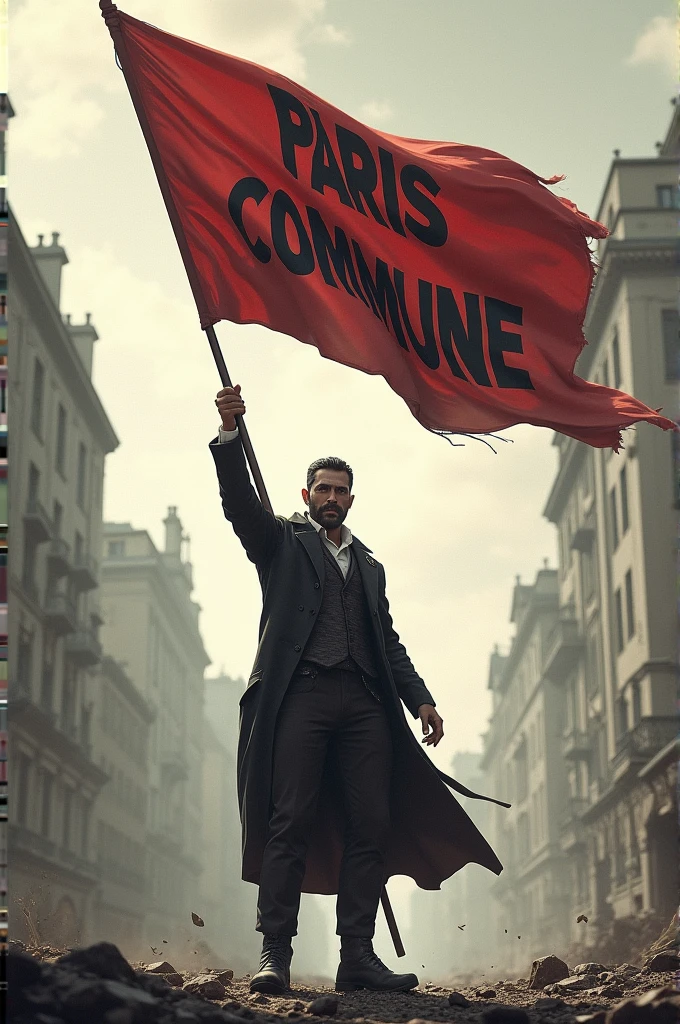 Man holding flag with Paris Commune written on it
