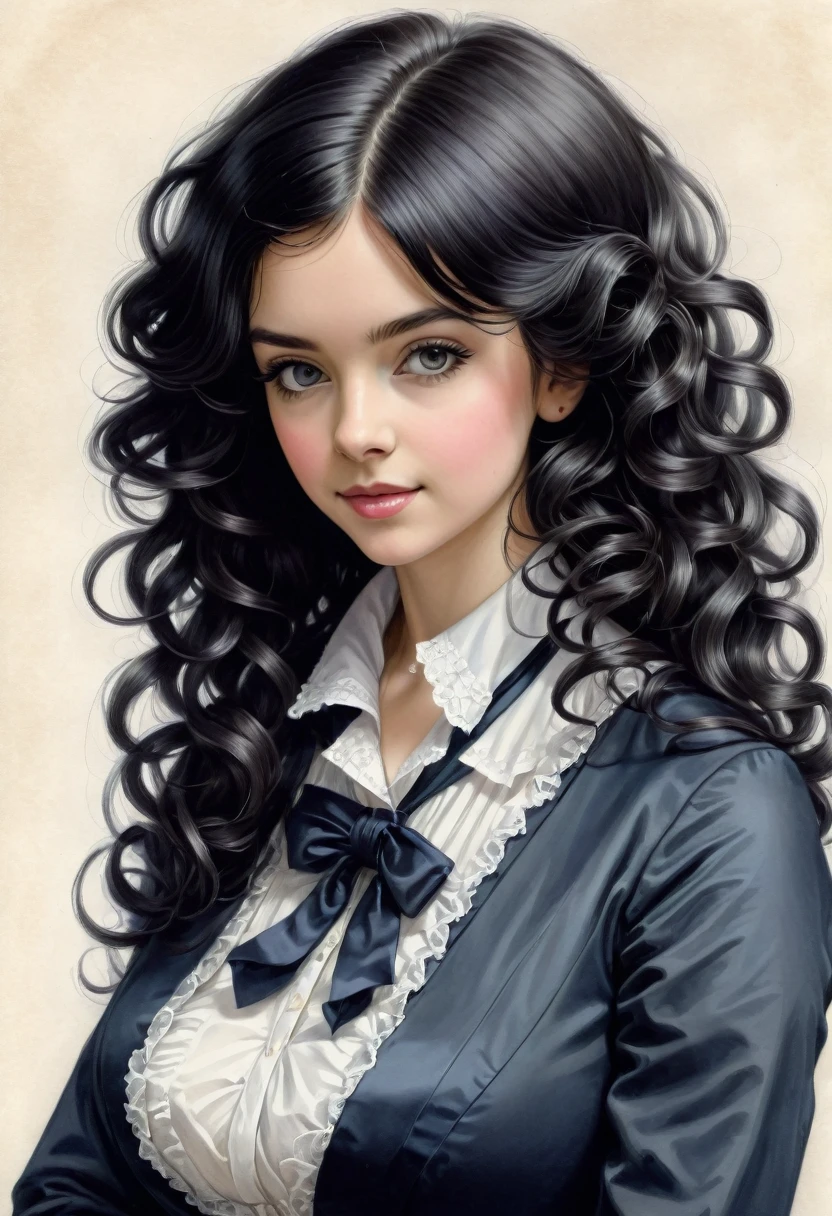 A pencil drawing of a young victorian governess, curly black hair. Kind and inteligent energy. Charlotte MASON
