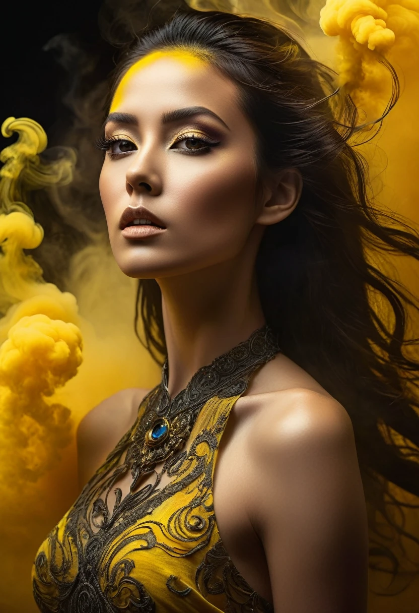 A majestic work of art, a woman, intricately detailed, with an intense, piercing gaze emanating from her singular, striking eye, set against a backdrop of ethereal, swirling yellow smoke that appears to shift and undulate as if alive, illuminated by a cinematic lighting scheme that casts dramatic, high-contrast shadows and highlights, evoking a sense of mystery and the otherworldly, with each element expertly rendered in exquisite, high-definition detail, exuding a sense of artistic mastery and visual sophistication.