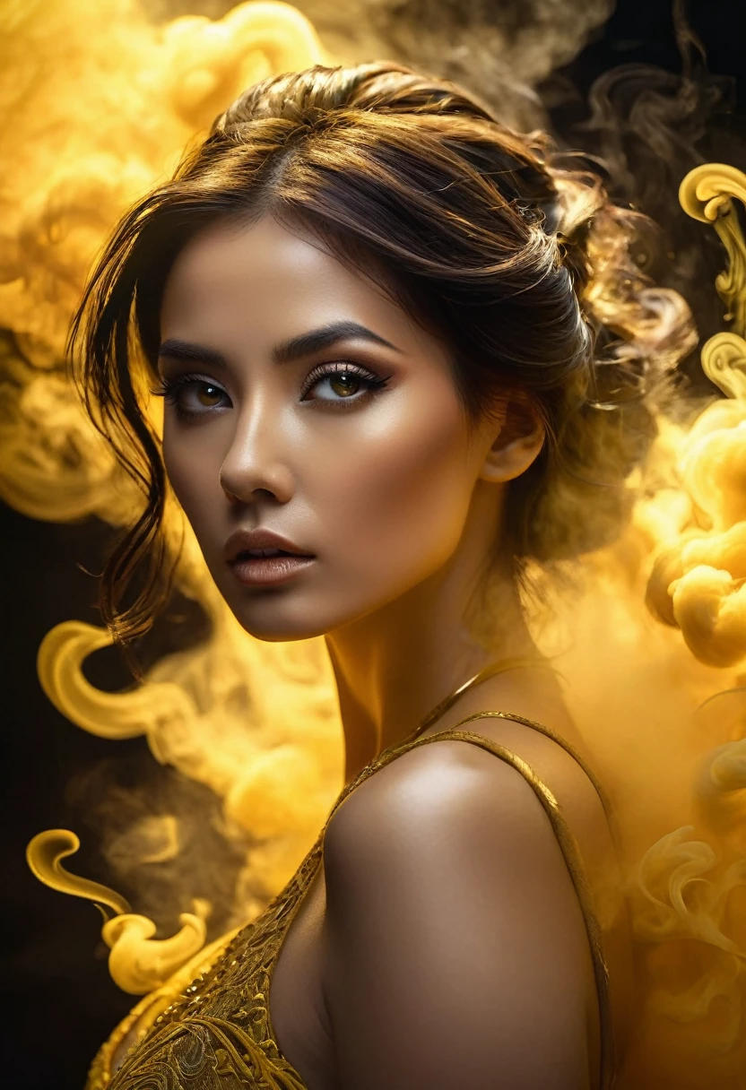 A majestic work of art, a woman, intricately detailed, with an intense, piercing gaze emanating from her singular, striking eye, set against a backdrop of ethereal, swirling yellow smoke that appears to shift and undulate as if alive, illuminated by a cinematic lighting scheme that casts dramatic, high-contrast shadows and highlights, evoking a sense of mystery and the otherworldly, with each element expertly rendered in exquisite, high-definition detail, exuding a sense of artistic mastery and visual sophistication.