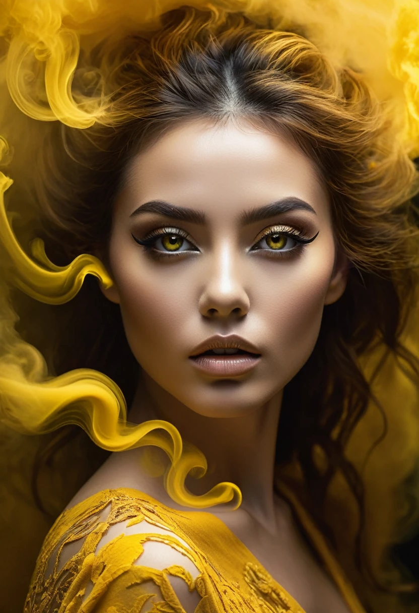 A majestic work of art, a woman, intricately detailed, with an intense, piercing gaze emanating from her singular, striking eye, set against a backdrop of ethereal, swirling yellow smoke that appears to shift and undulate as if alive, illuminated by a cinematic lighting scheme that casts dramatic, high-contrast shadows and highlights, evoking a sense of mystery and the otherworldly, with each element expertly rendered in exquisite, high-definition detail, exuding a sense of artistic mastery and visual sophistication.