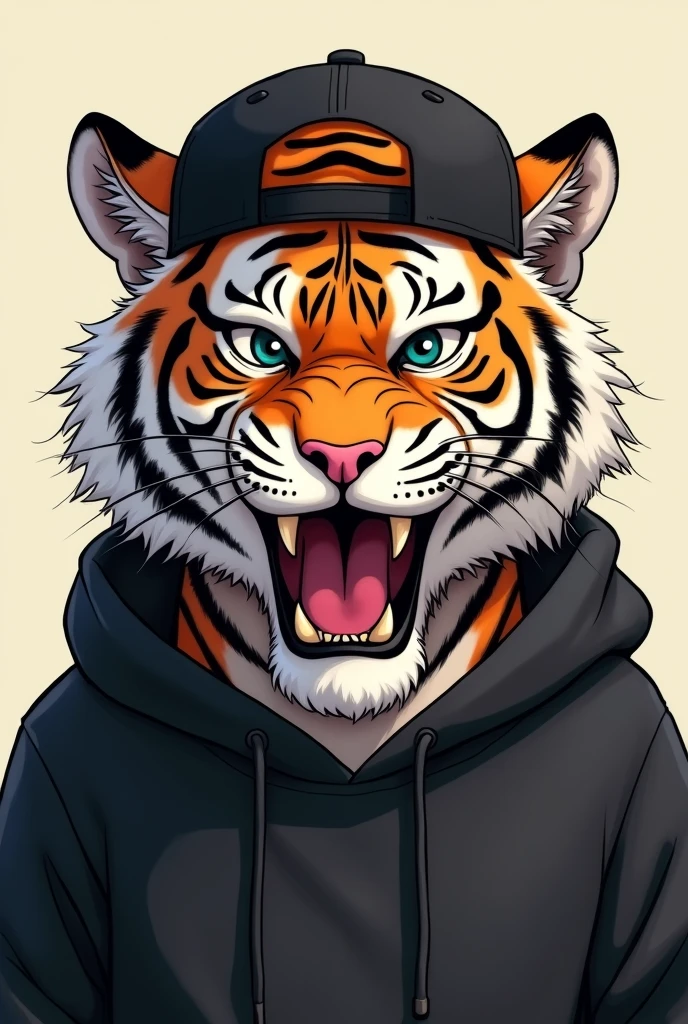 a cartoon tiger looking at the camera wearing a backwards black cap and a black sweatshirt, serious anime drawing, more adult, gaping mouth