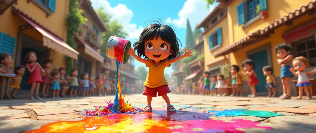 A black hair girl in the center of a village spill a bucket of paint and make a picture in 2d animation