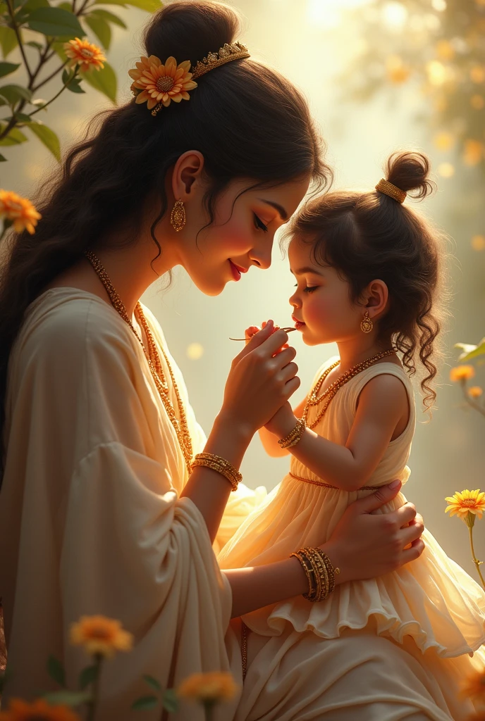 Yashode feeding little Krishna . Krishna is depicted like a little cute girl here. Both yashode and Krishna face clear, both are looking front