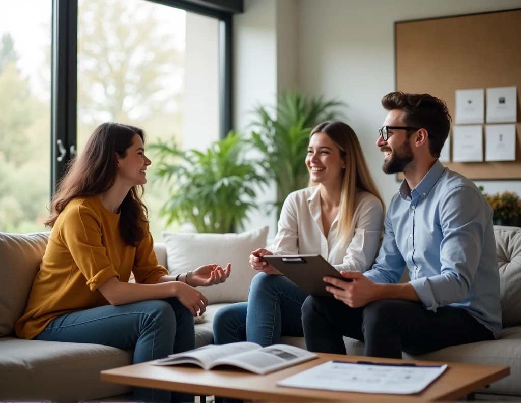 A young couple meets with an appraiser in the living room of a modern home, while planning their future.