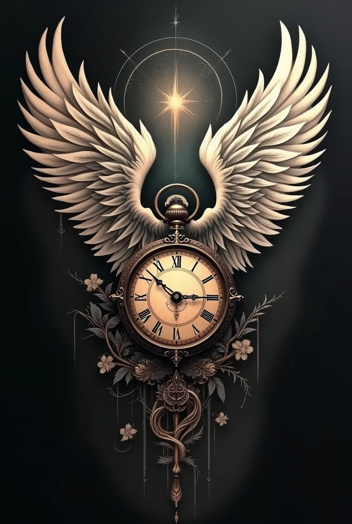 wings, time clock, rune letter tatoo design for man