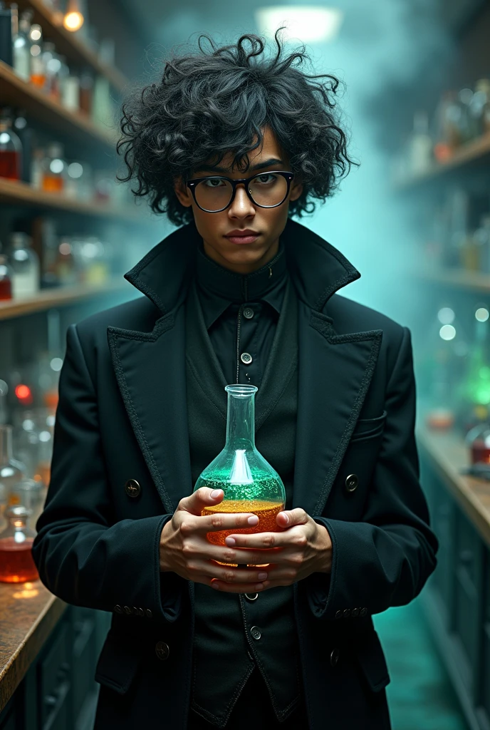 A potrait of a bisexual 1 teen boy genius with no facial hair alchemist poet of indian-europian ethnicity without facial hair with glasses and lush long fuzzy puffy hair like newton that reaches his shoulders like newton holding a chemical flask wearing a flamboyant androgynous black dress like French royalty like Maleficent with a lavish suit that has a long trail a laboratory with brown hazel eyes and a mysterious curious look in a dark magical gothic atmosphere having chemistry magic engulfing him