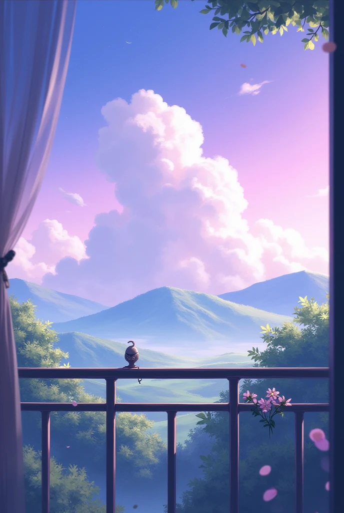 A scene from balcony some tobs, purple and blue sky, white clouds, natural , small small flower tobs, real nature photography, landscape