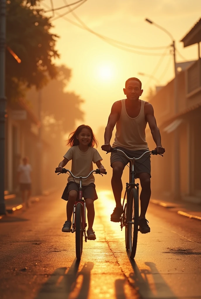 (Photorealism 1.2) high detailed definition cinematic cinematography father and daughter riding bicycle daughter at back laugh happy face expression morning mode sunlight silhouette background Malay old town daughter with school uniform smoke effect wet road father wearing singlet and short trousers riding bicycle go to school