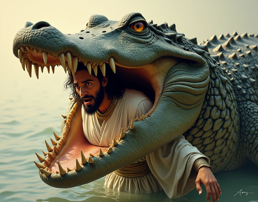 We need only one image of the jesus, in which a big crocodile has filled one half of the Jesus body in its mouth and the Jesus is completely scared. High quality image.