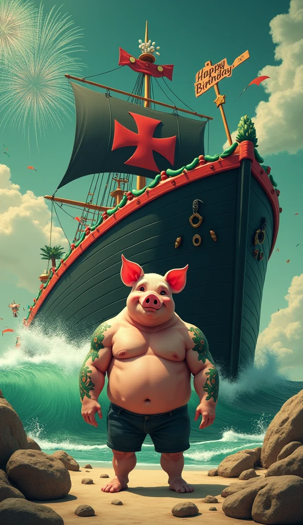 black ship black ship thick red maltese cross highlighted, big waves around, green birthday decoration, thick red maltese cross written Happy Birthday to You, A muscular pig, puffed out and shirtless, green tattoos, black ship black ship thick red maltese cross highlighted, big waves around, green birthday decoration, thick red maltese cross written Happy Birthday to You, A muscular pig, puffed out and shirtless, green tattoos, sky with green and white fireworks