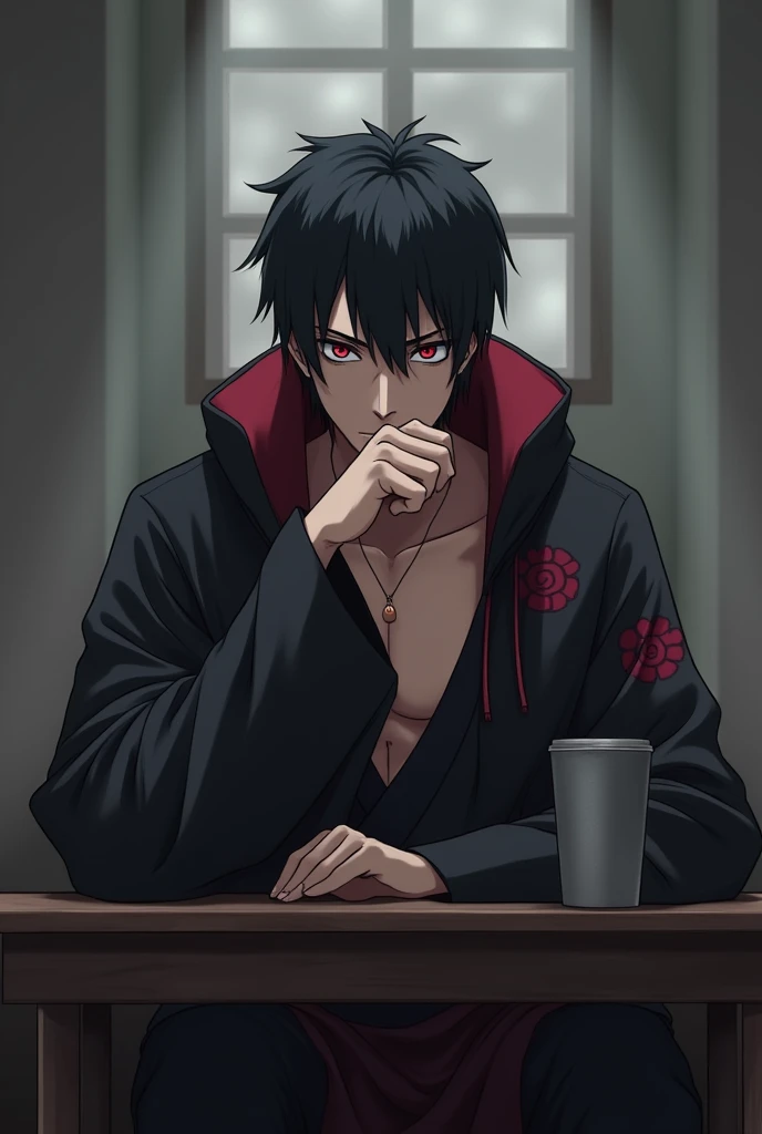 A handsome realistic guy who is sitting on a chair in front of desk has sharingan also wearing akatsuki clan's uniform of naruto anime and has short black hair to show his middle finger under chin with little bored face in grey coffee shop