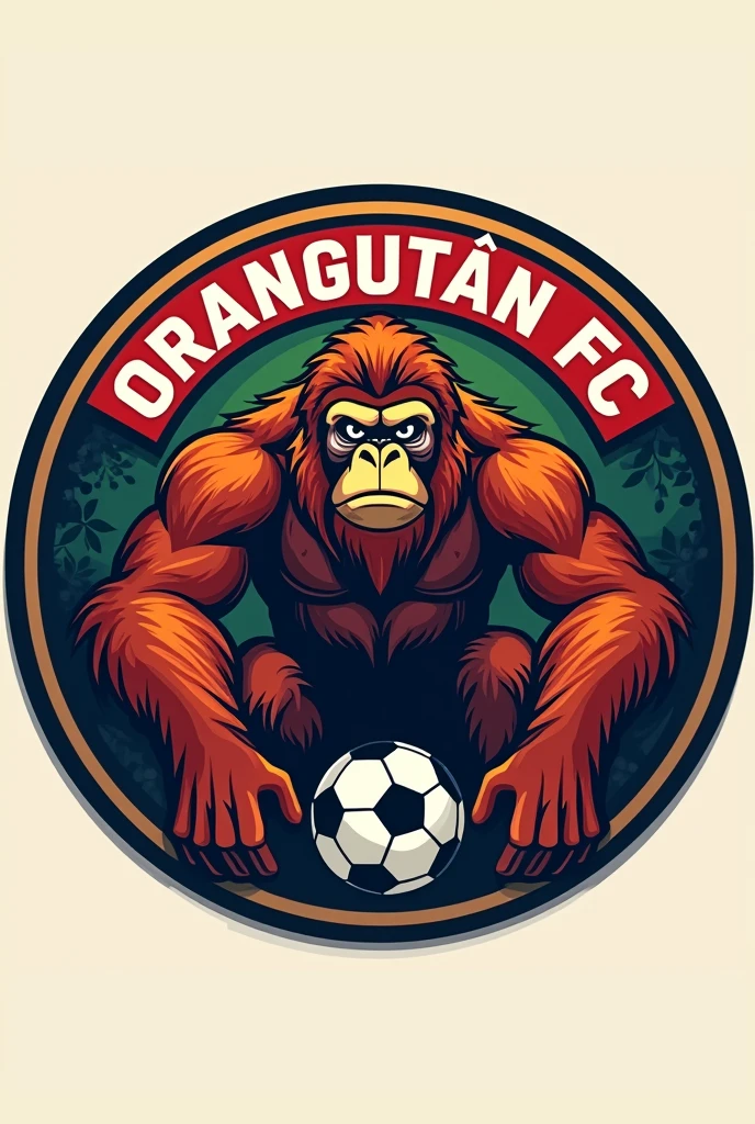 A circular football shield with the words ORANGUTÁN FC and the image of an orangutan in the center