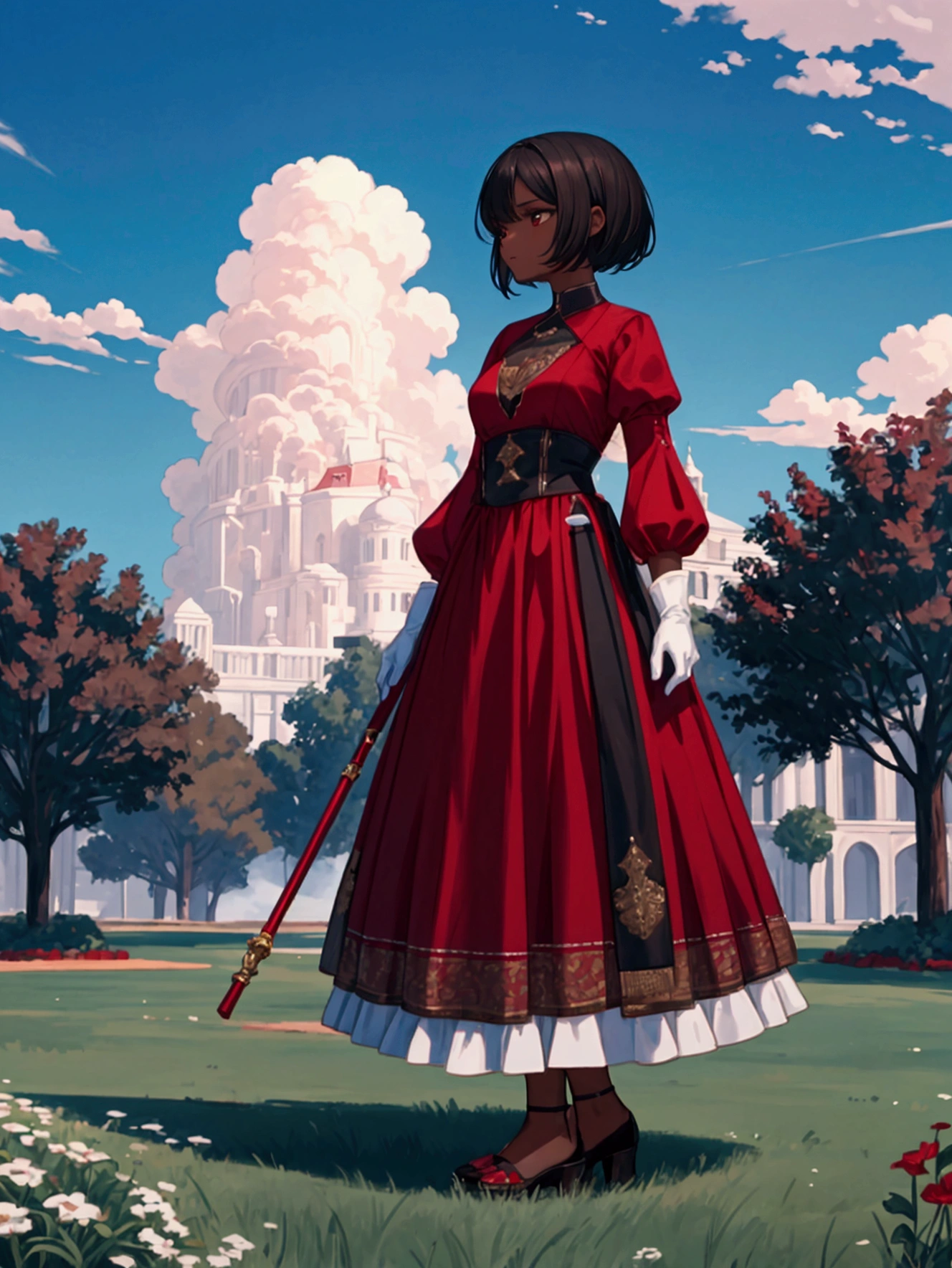 A woman with brown skin, short black hair, in red clothes wearing white gloves in a landscape with a blue sky with clouds on a lawn