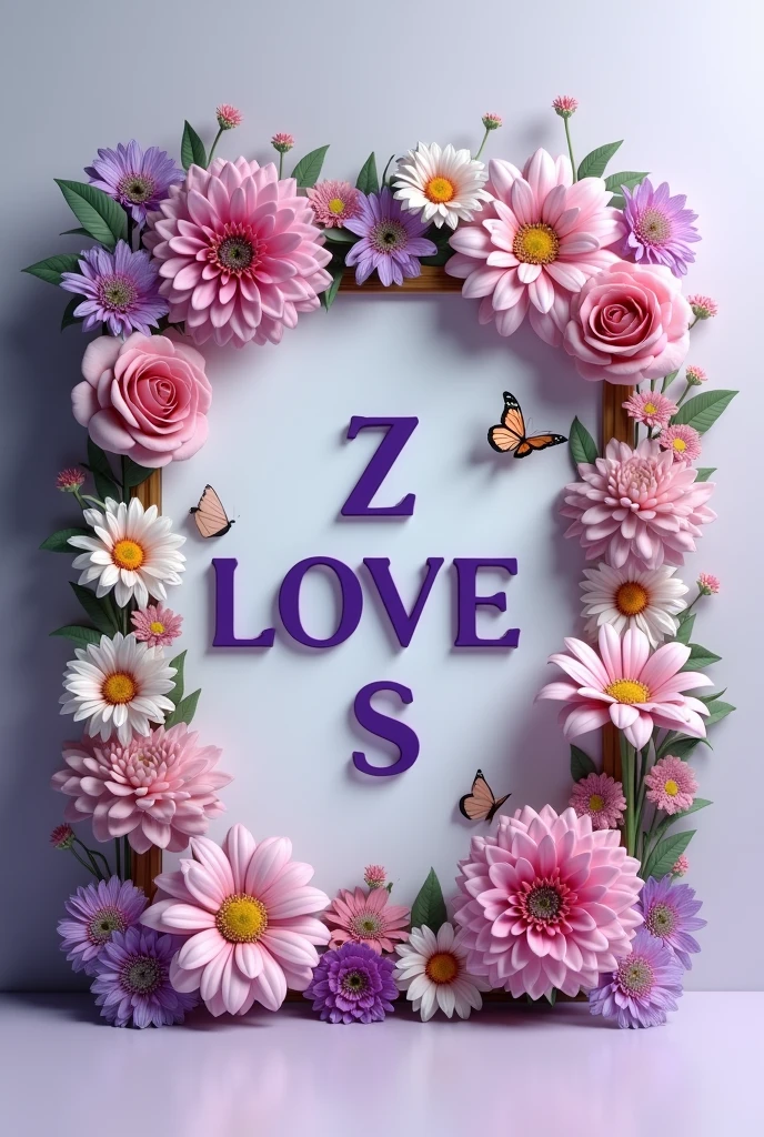 A 3d render of a square frame decorated with different flowers, butterflies, in frame.                    "Z  love  S" written in Capital alphabets in purple color, The background is a light gray.