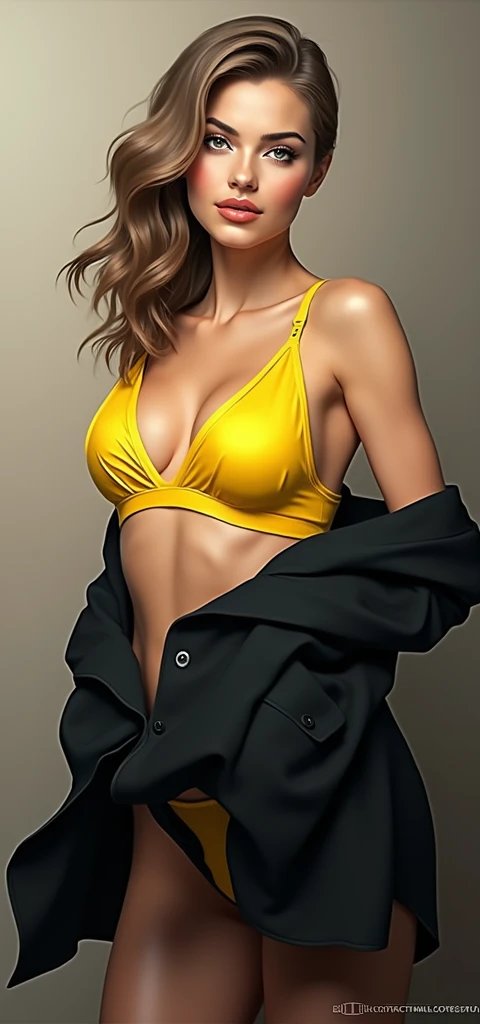 Replace yellow top with yellow bra and black shirt wity black bikini