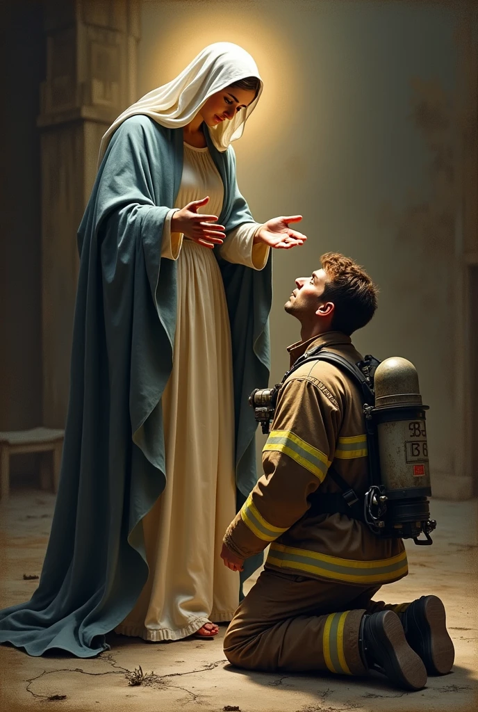 Saint Mary Mother of God Blessing a Firefighter Realistic Drawing 
