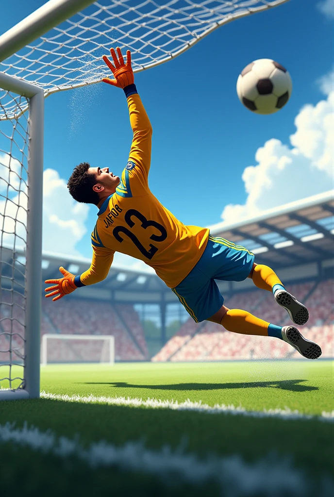 A goalkeeper long jump to the ground for save the football in the front of goalpost. He is a goalkeeper, her jursy name is "Jafor" her jursy name is 23.