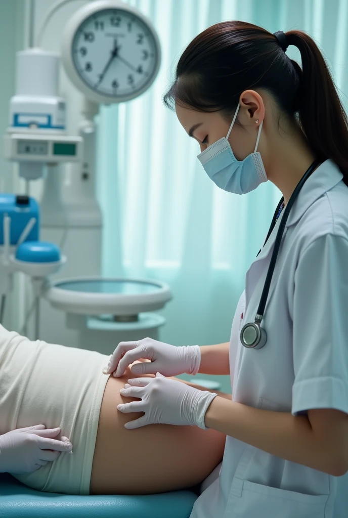 A foreighn lady doctor in wearing medical gloves and doing rectal exam