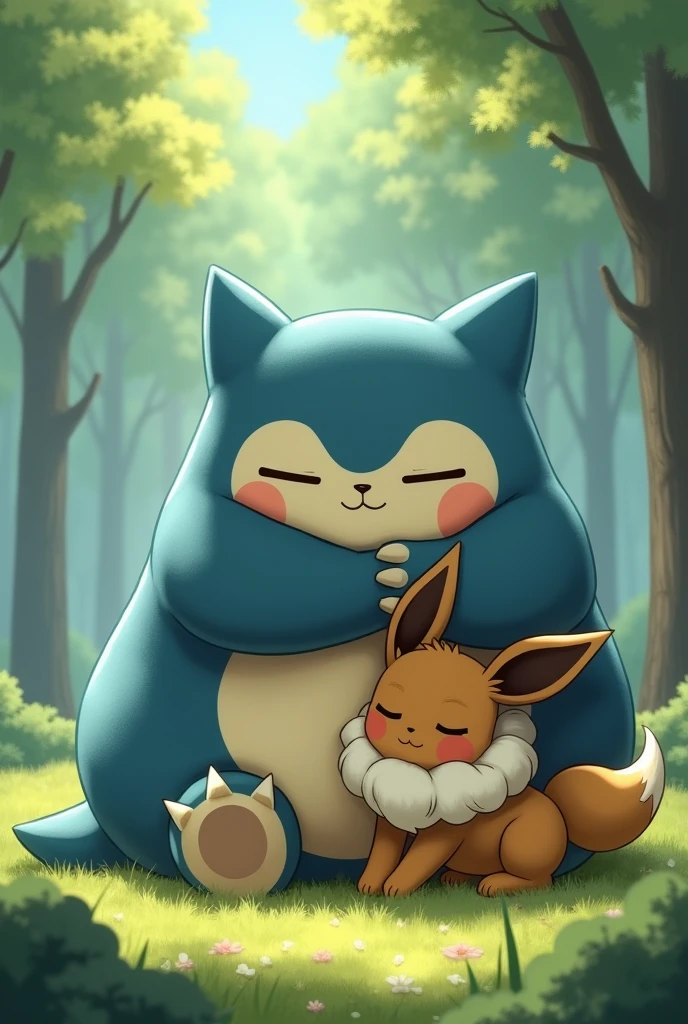 Snorlax and Eevee hugging 