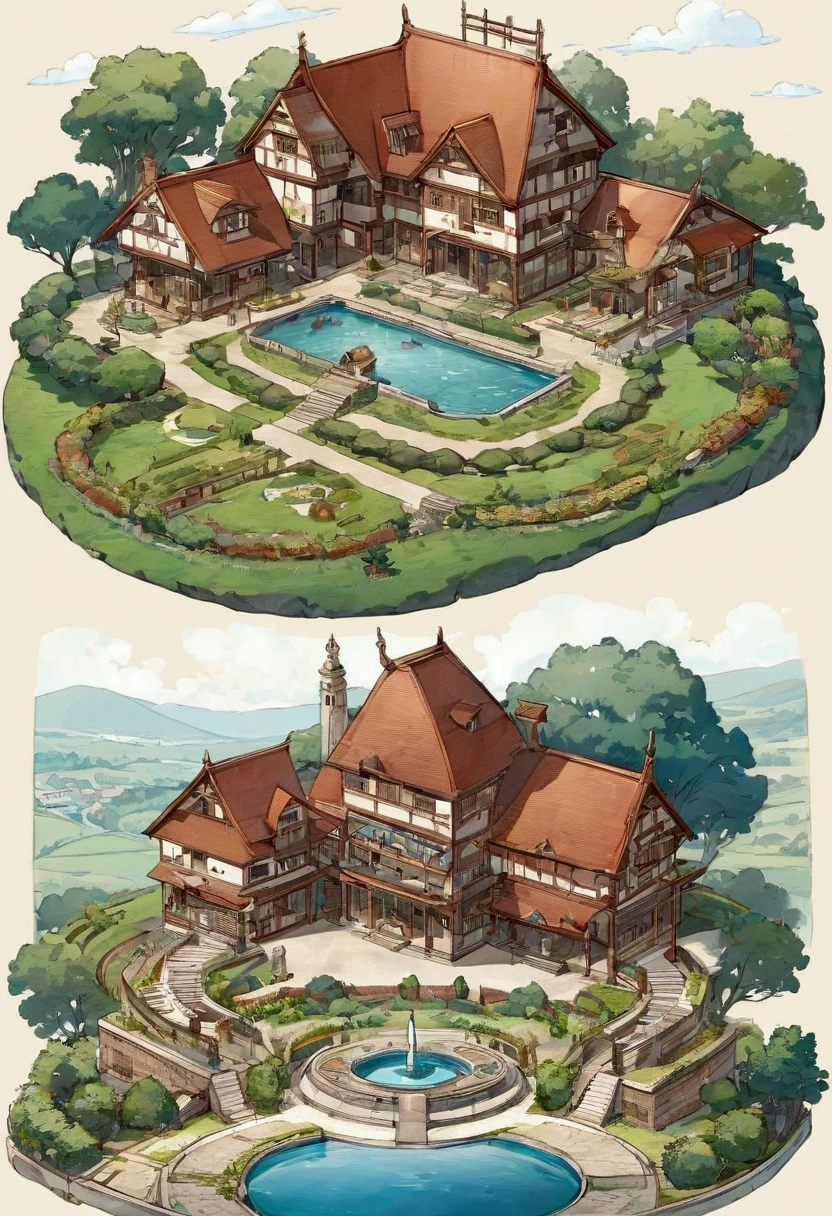 An anime style landscape. A house of two floors. The house that is U-shaped is divided into three parts. And in the center a garden with a fountain with a statue of a fox with eight tails. On the left side of the tip of the U, some animal farms are separated and on the right side of the U, some orchards are also separated.. And in the background agricultural areas.
