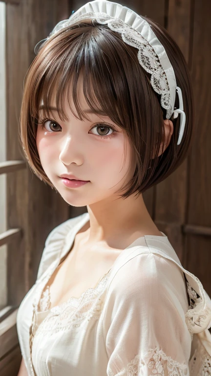 Highest quality, Face Focus, Soft Light, Ultra-high resolution, (Realistic:1.4), RAW Photos,
One of the Japan, alone, cute, (pupil, light in your eyes),  Beautiful face in every detail, (Maid clothes、Headdress、Very fine lace),(High resolution detail of human skin texture),ゴシックのMaid clothes、
(Bobcut)、Loose and fluffy hair、
indoor,
cardigan、sheer
(Portraiture)
