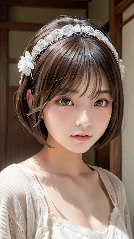 Highest quality, Face Focus, Soft Light, Ultra-high resolution, (Realistic:1.4), RAW Photos,
One of the Japan, alone, cute, (pupil, light in your eyes),  Beautiful face in every detail, (Maid clothes、Headdress、Very fine lace),(High resolution detail of human skin texture),ゴシックのMaid clothes、
(Bobcut)、Loose and fluffy hair、
indoor,
cardigan、sheer
(Portraiture)