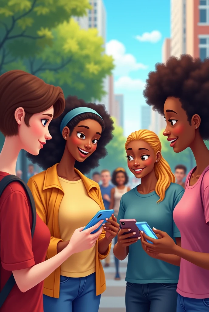 Groups of people with different morphological characteristics giving information through a survey by cell phone , animated image 